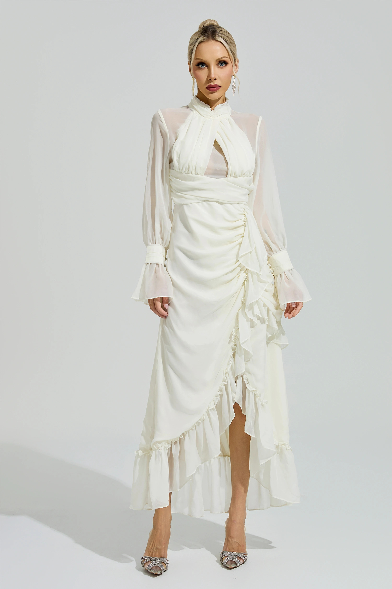 Cixous Apricot Ruffle Slit Maxi Dress