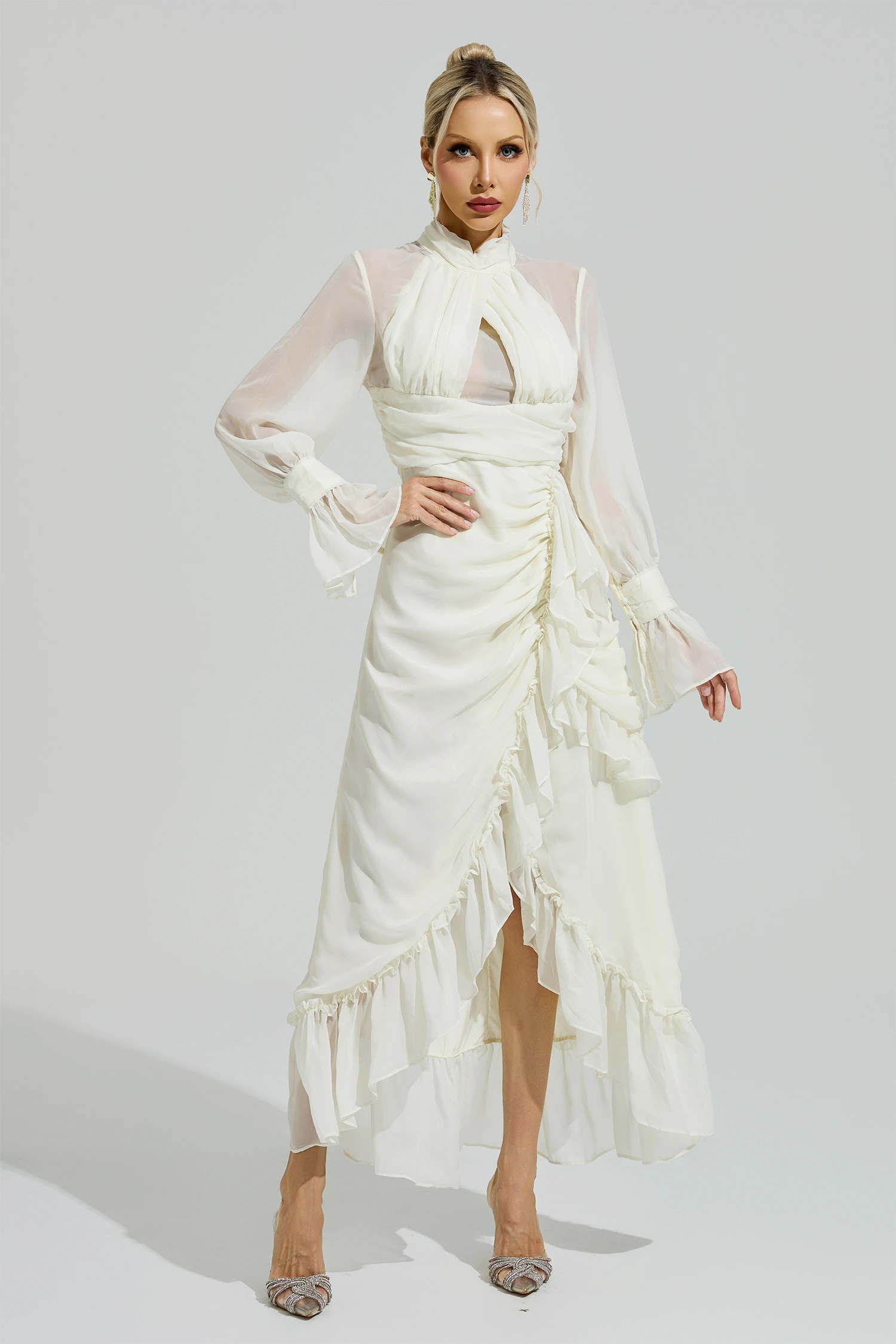 Cixous Apricot Ruffle Slit Maxi Dress