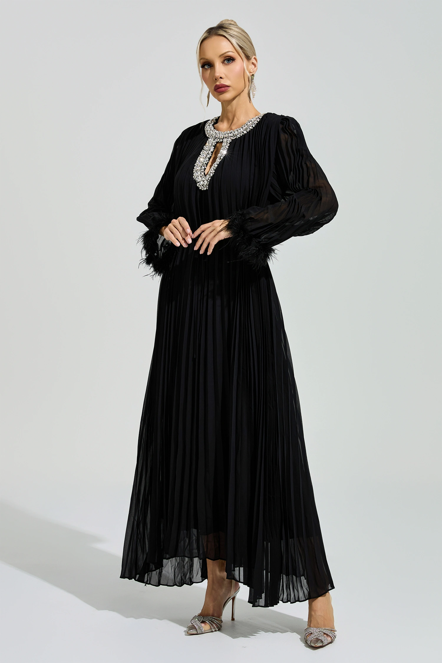 Night Black Feather Maxi Dress
