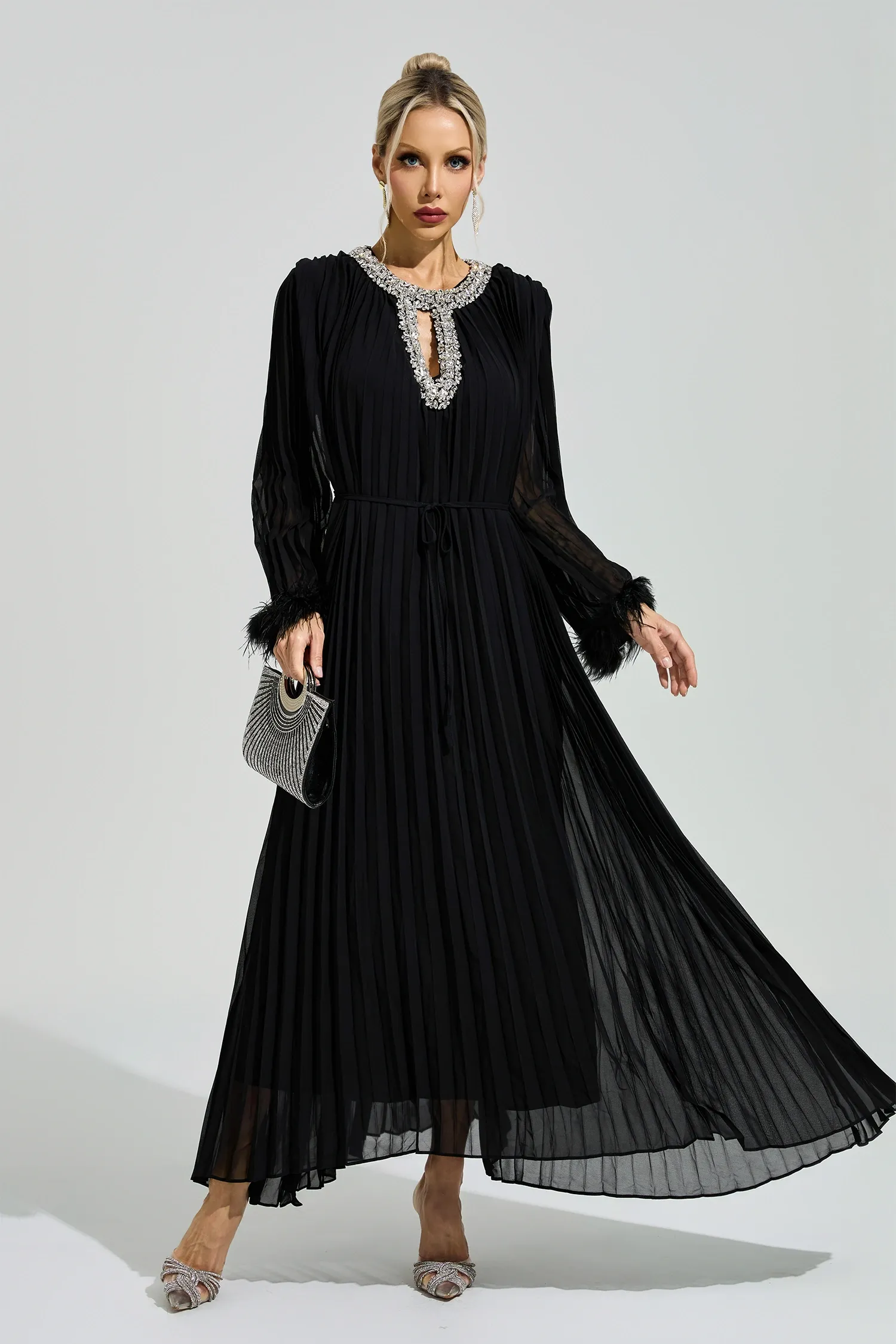 Night Black Feather Maxi Dress