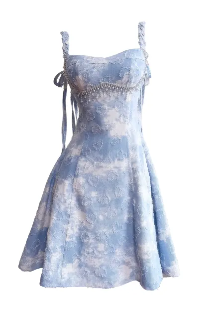 Alvin Blue Pearls Mini Slip Dress