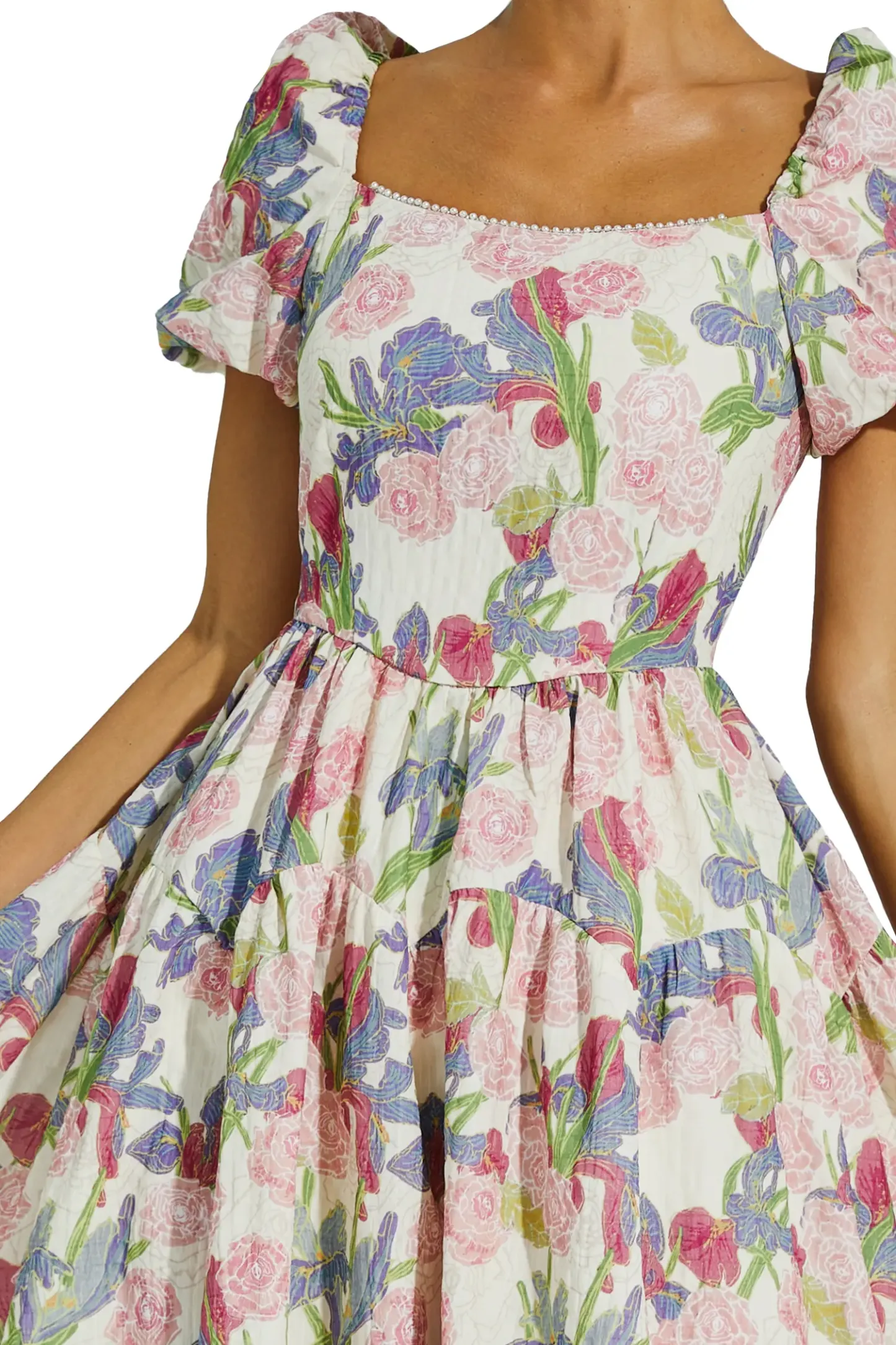 Armand Pink Flower Puff Sleeves Midi Dress
