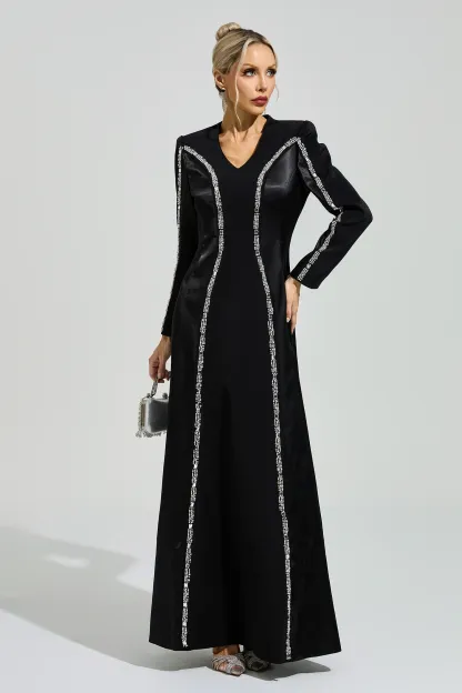 Sabin Black V-Neck Evening Dress