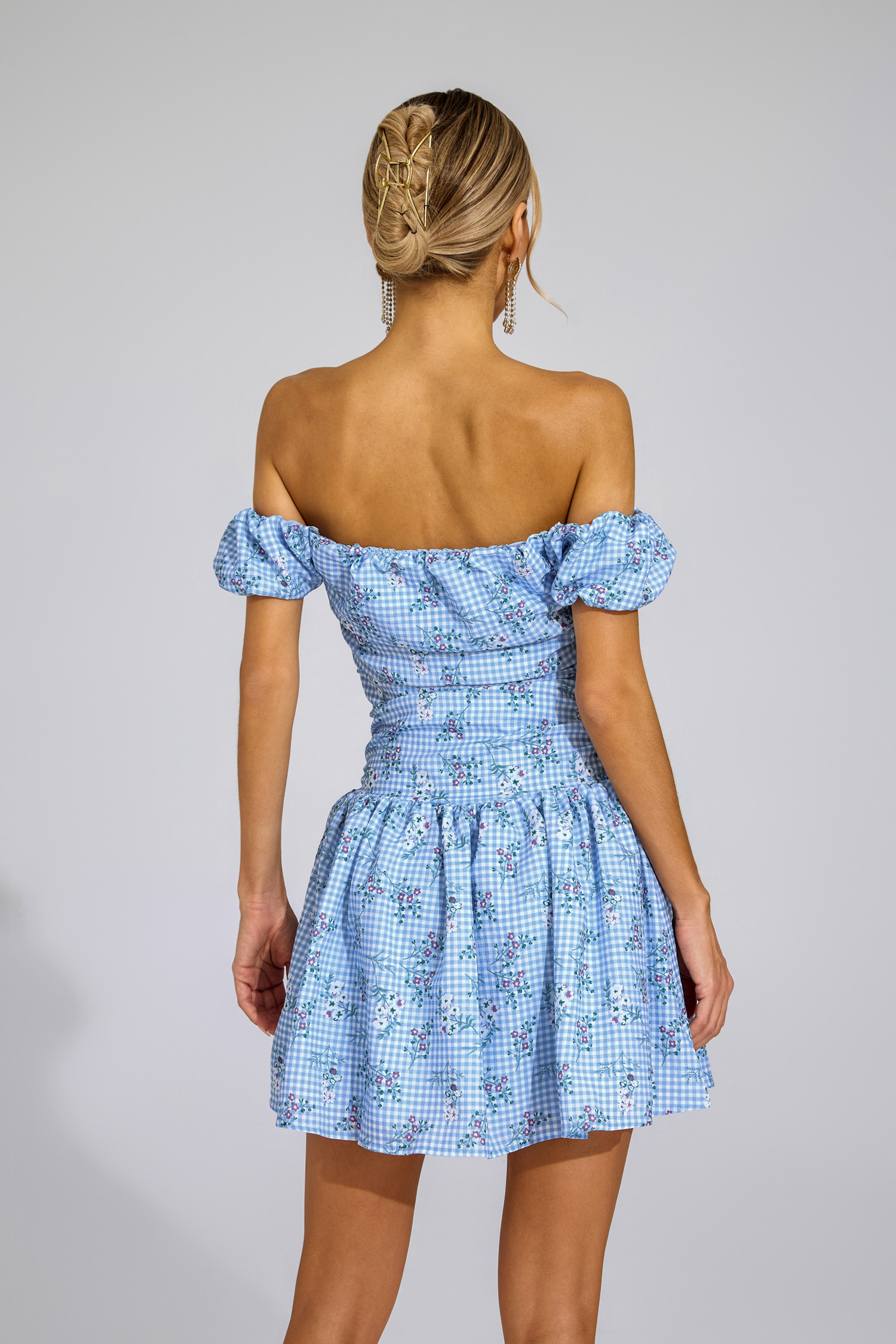 Kelsen Blue Floral Off Shoulder Mini Dress