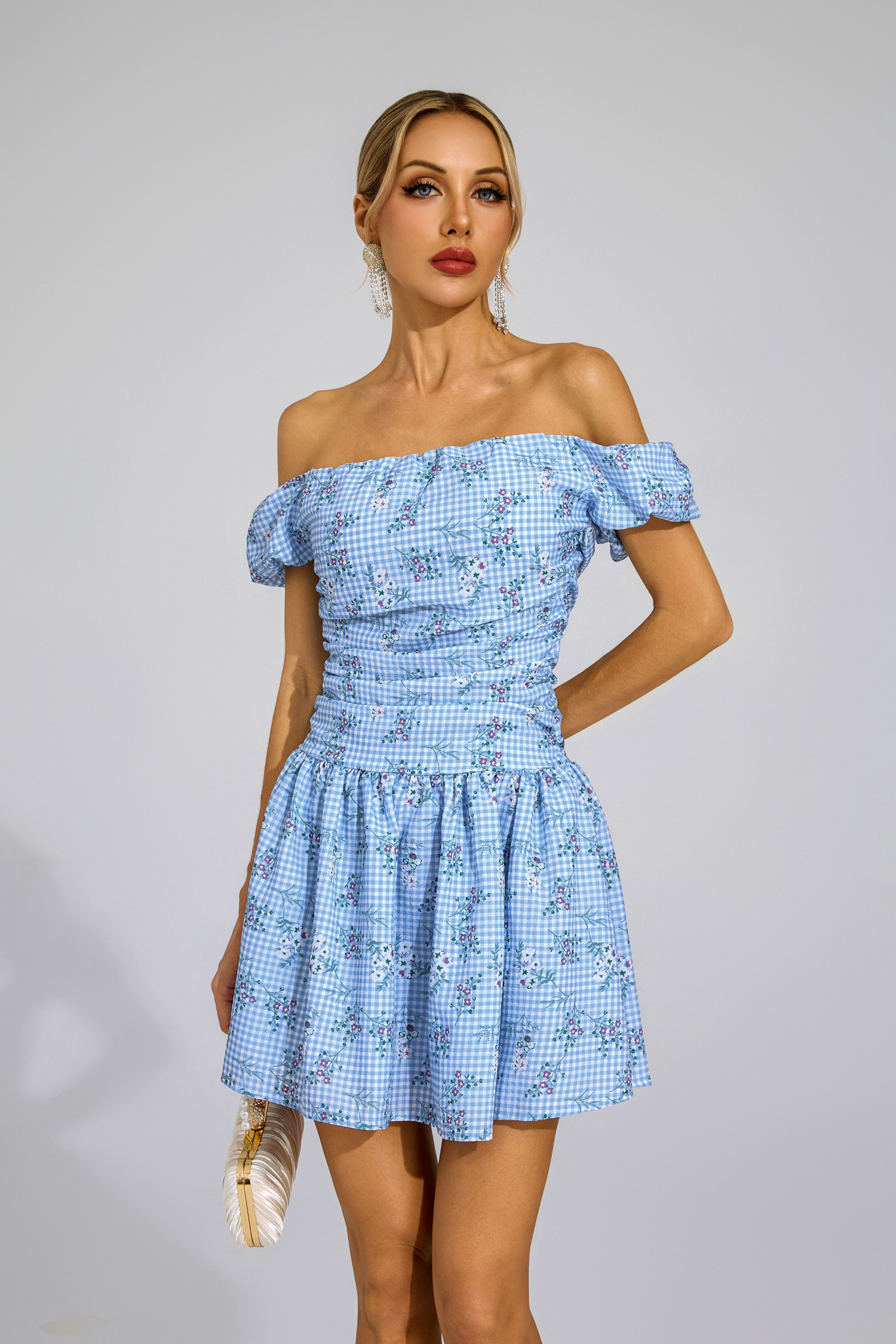 Kelsen Blue Floral Off Shoulder Mini Dress