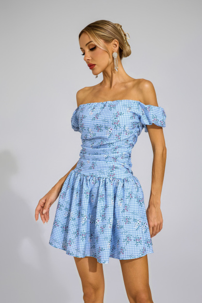 Kelsen Blue Floral Off Shoulder Mini Dress