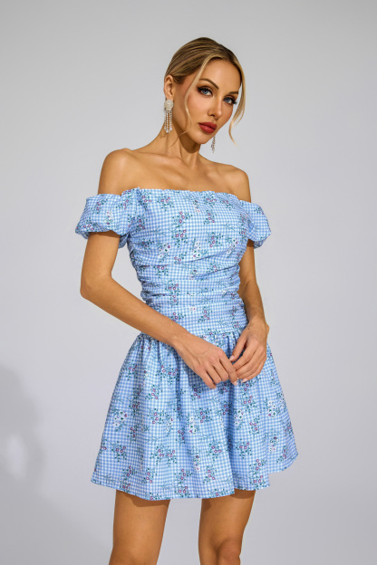 Kelsen Blue Floral Off Shoulder Mini Dress