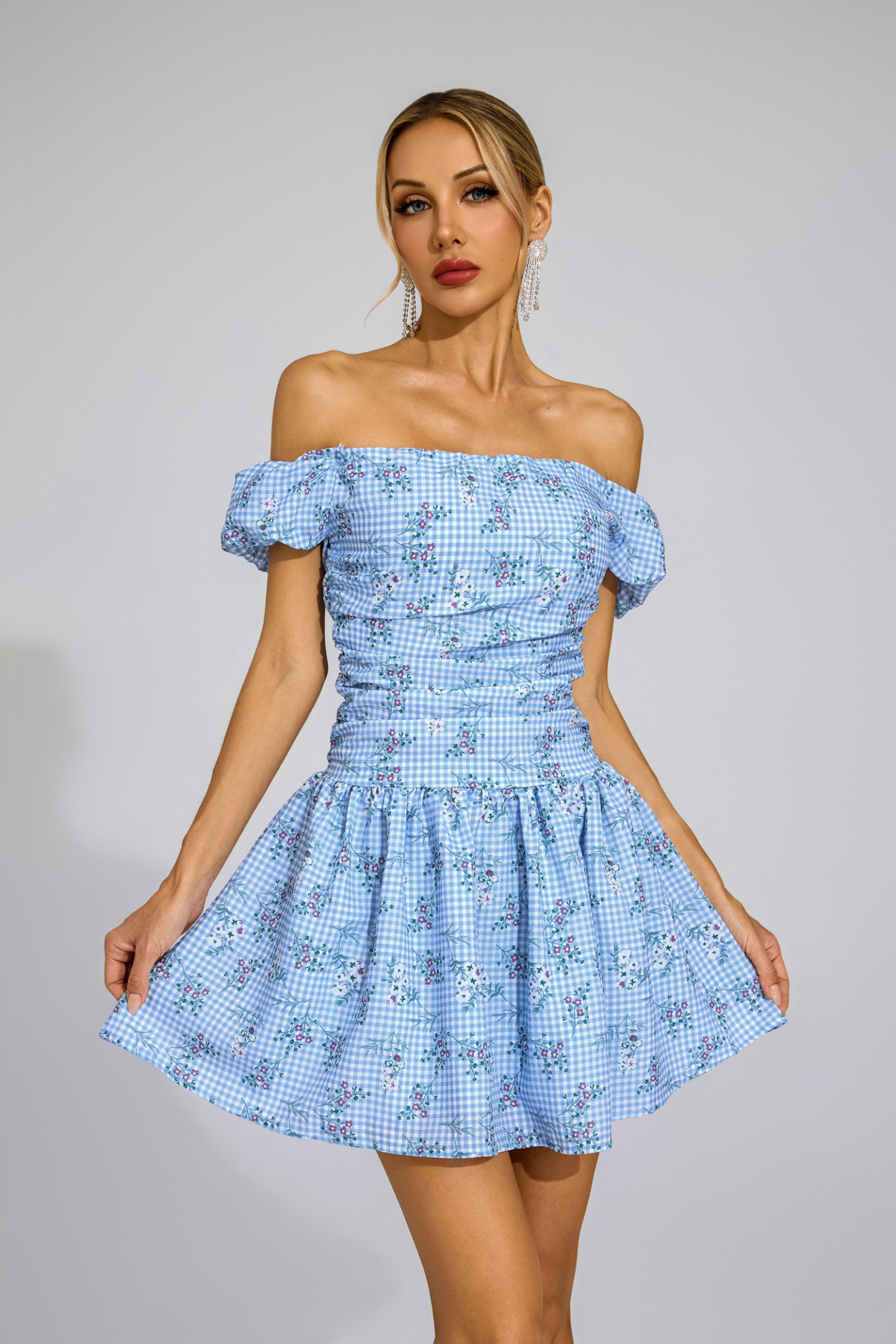 Kelsen Blue Floral Off Shoulder Mini Dress