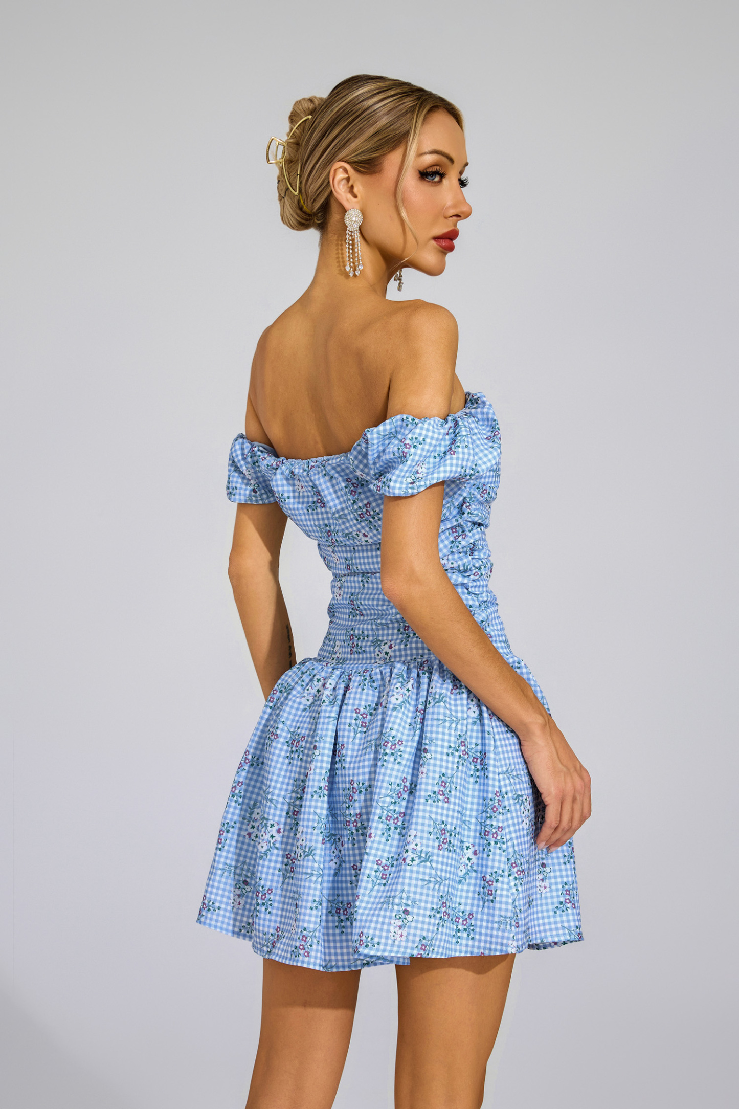 Kelsen Blue Floral Off Shoulder Mini Dress