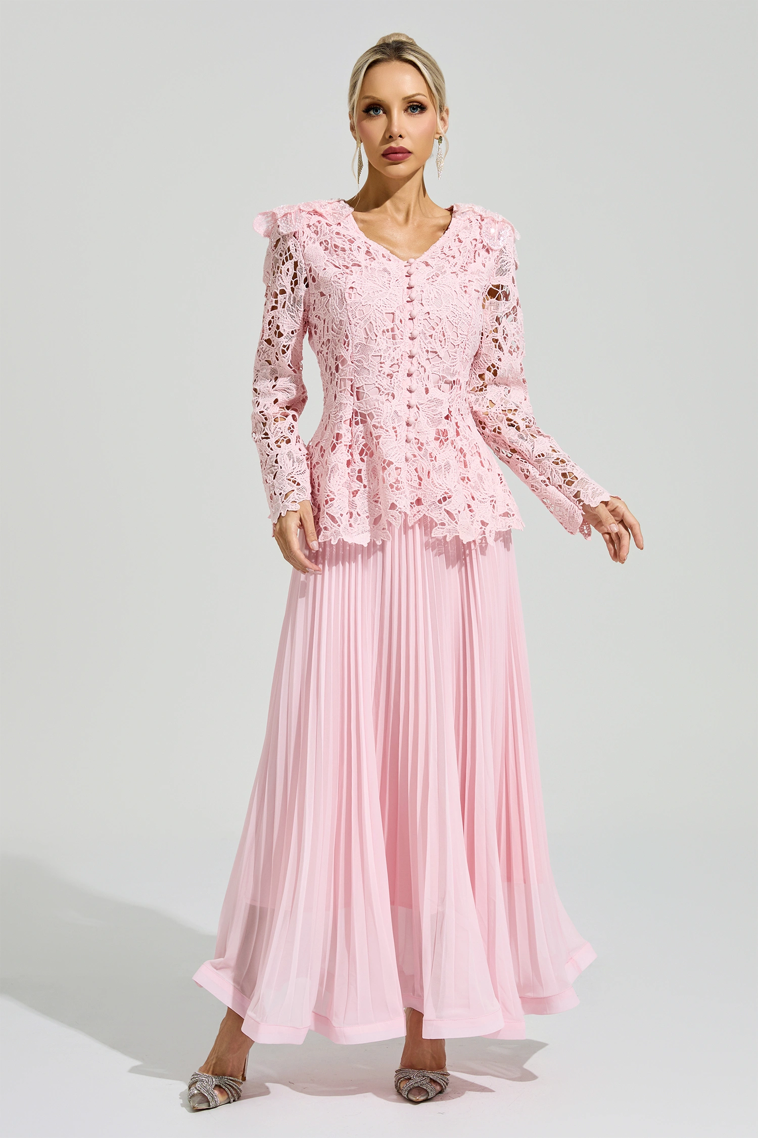 Glass Pink Lace Two Piece Dress