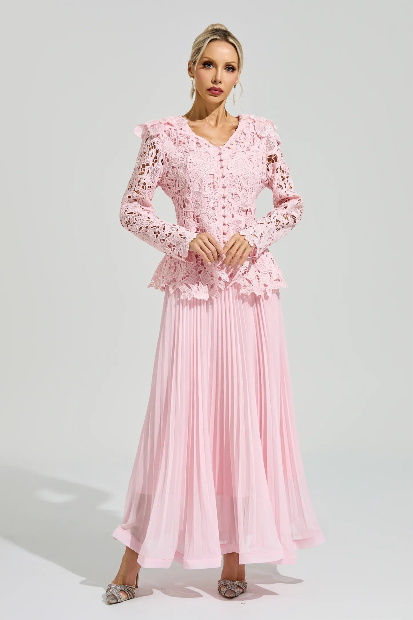 Glass Pink Lace Two Piece Dress