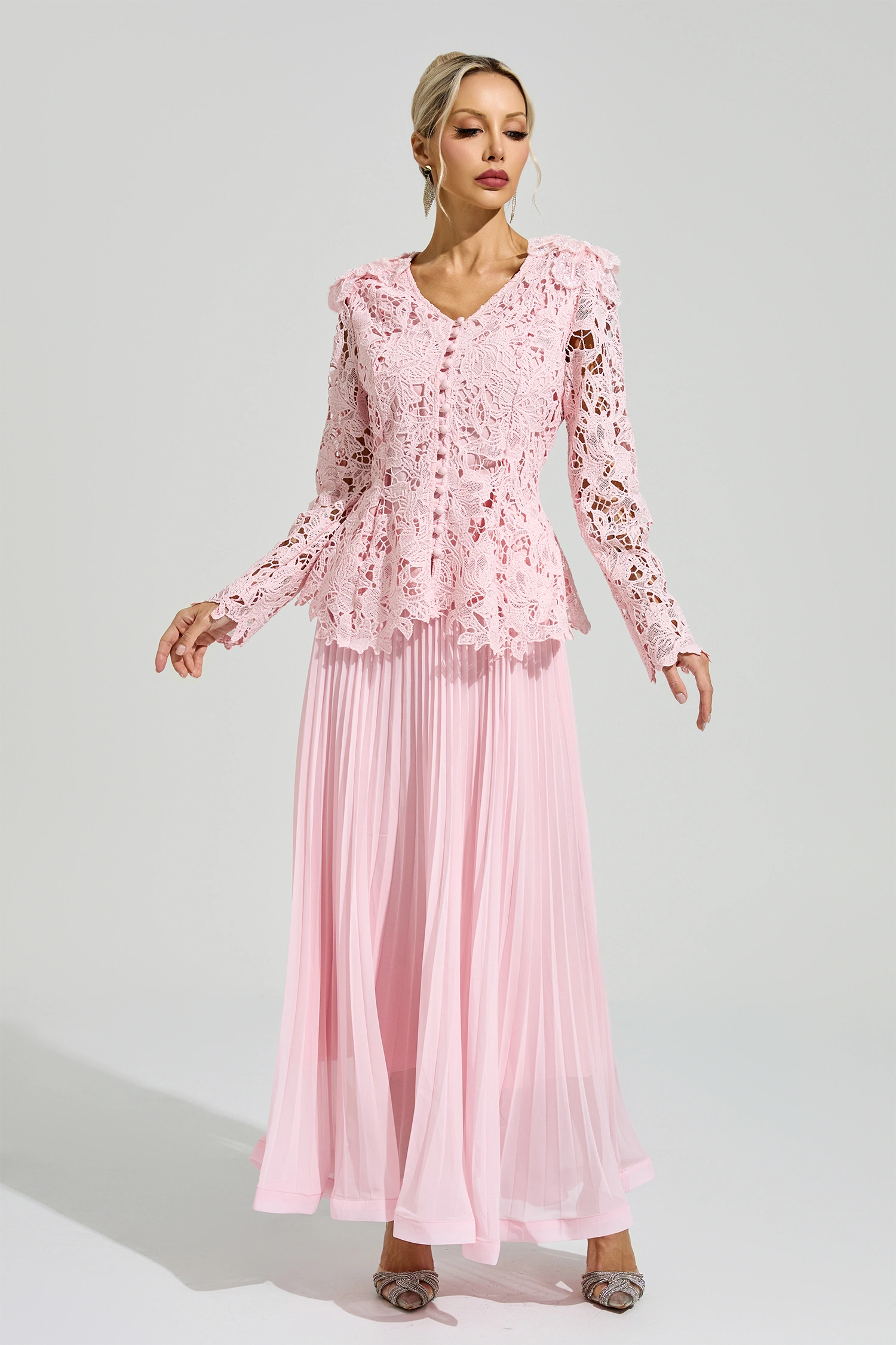 Glass Pink Lace Two Piece Dress