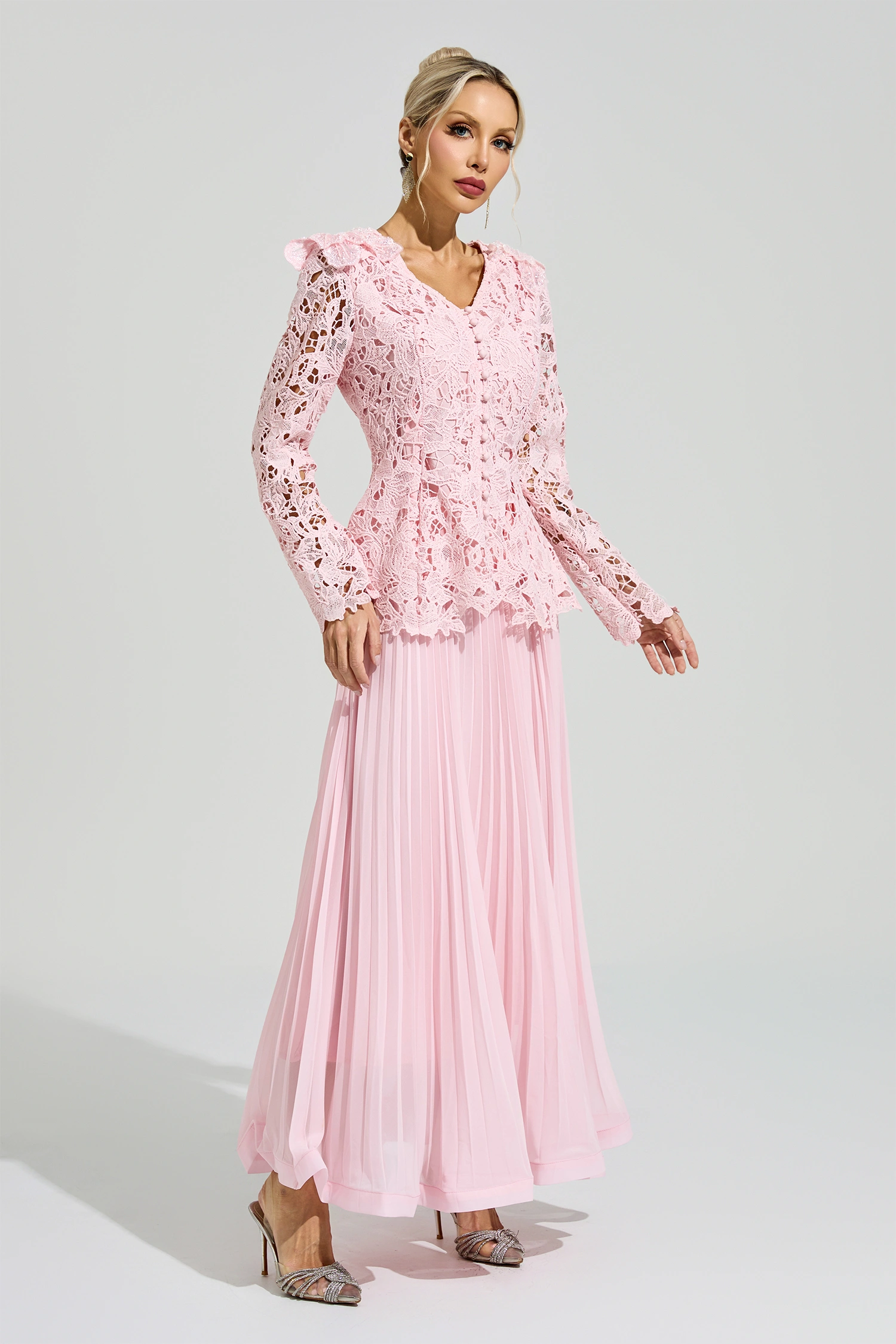 Glass Pink Lace Two Piece Dress