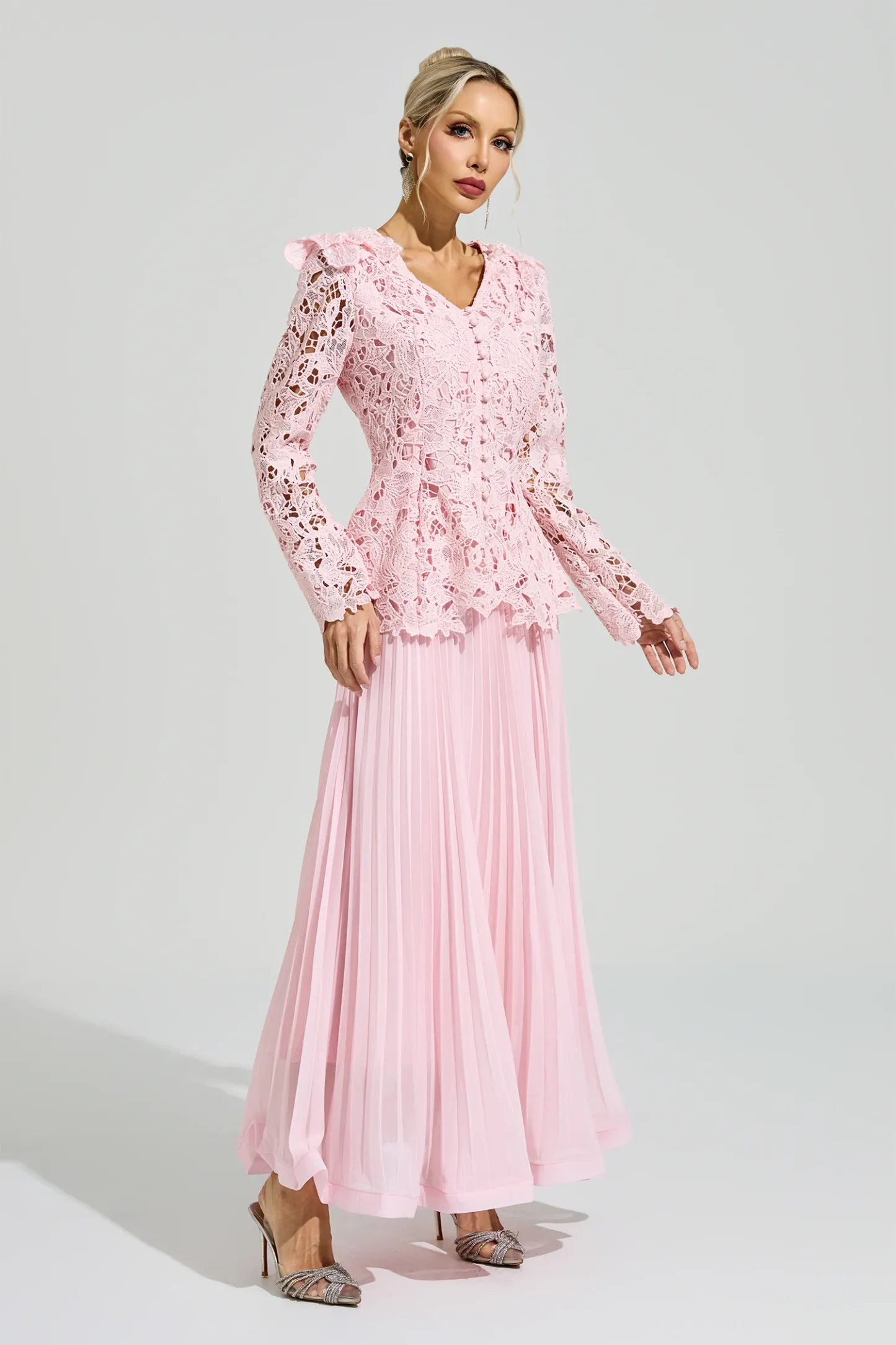 Glass Pink Lace Two Piece Dress