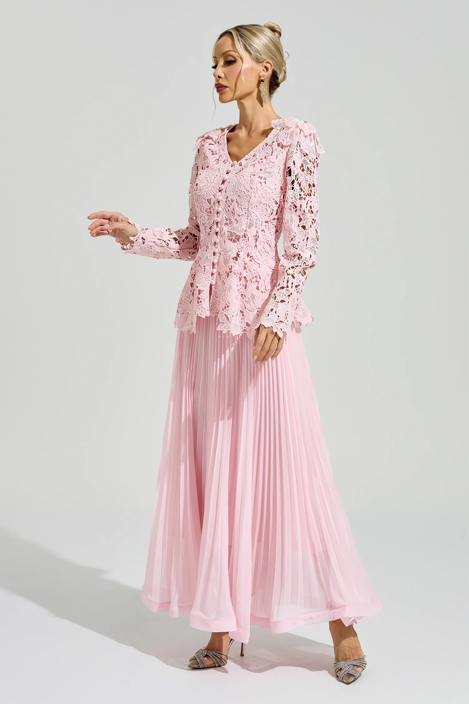 Glass Pink Lace Two Piece Dress