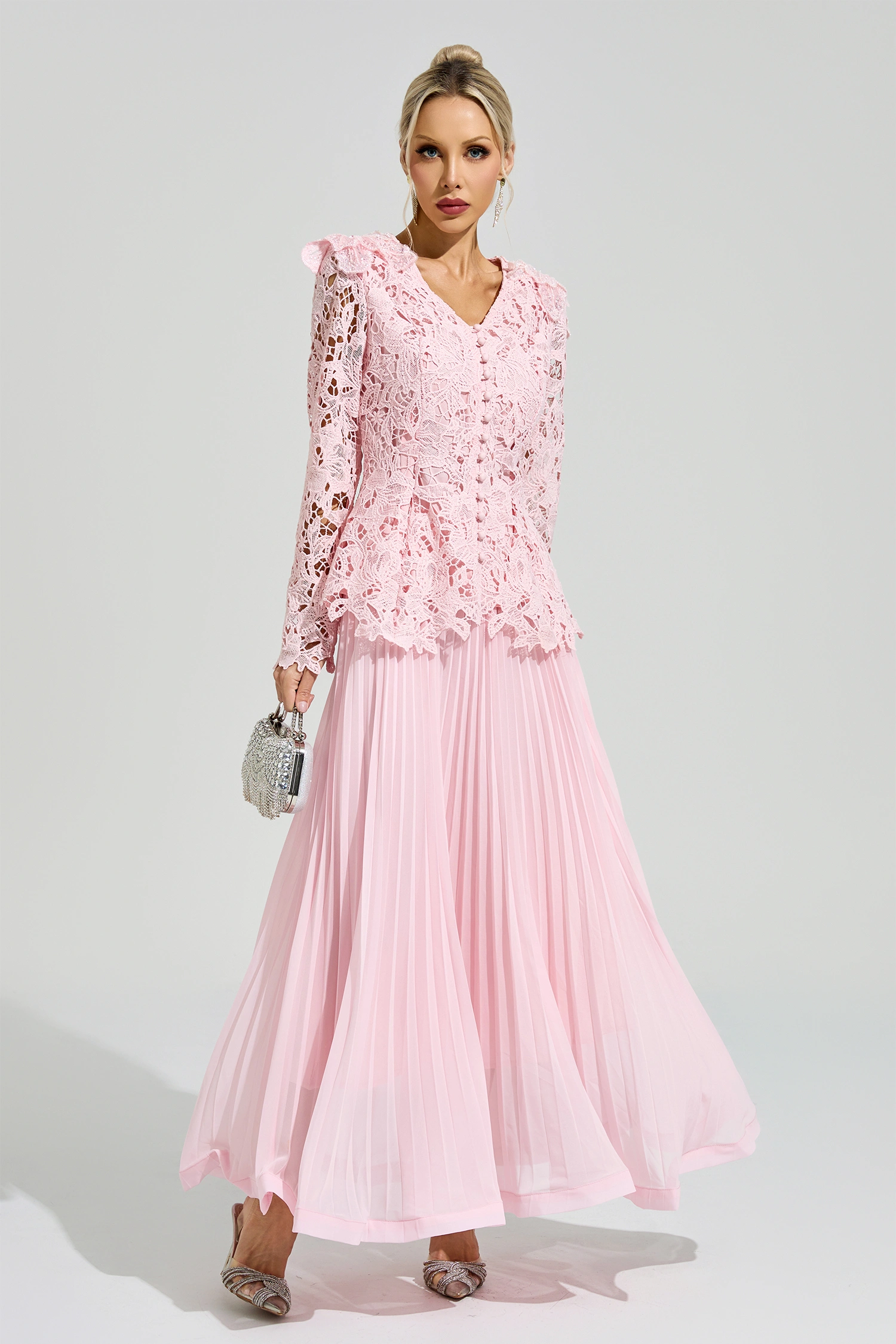 Glass Pink Lace Two Piece Dress