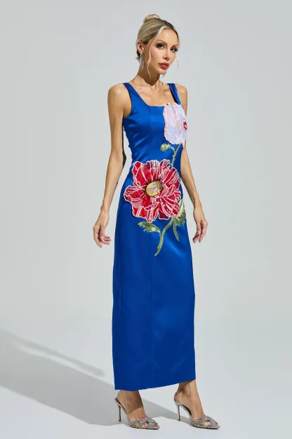Esposito Blue Floral Embroidered Maxi Dress