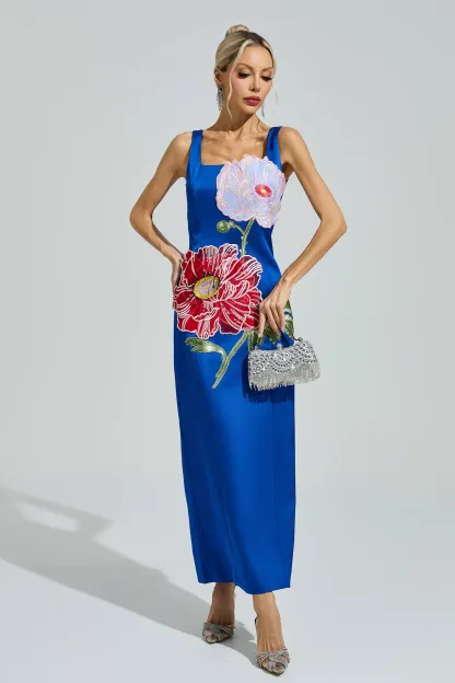 Esposito Blue Floral Embroidered Maxi Dress
