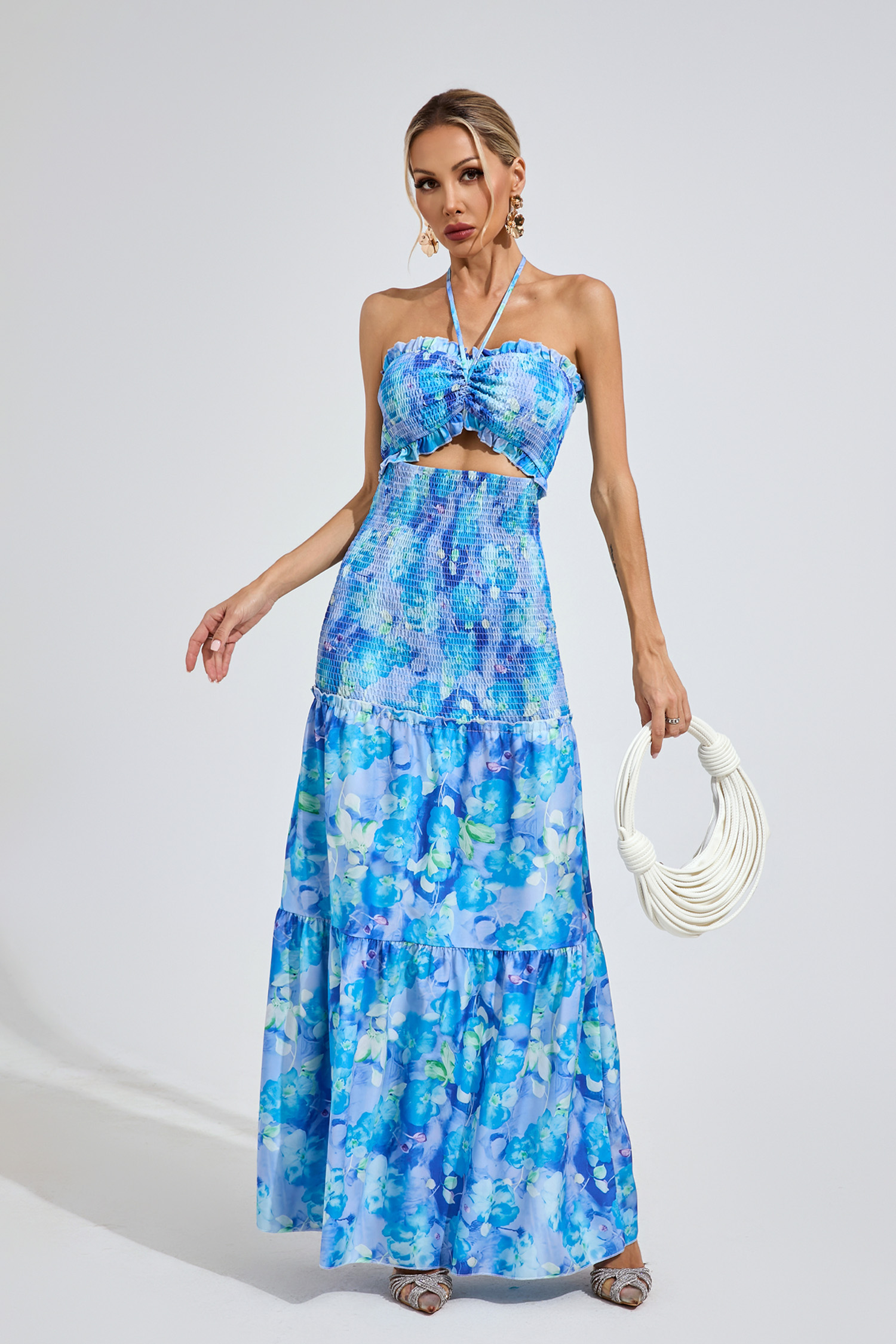 Nelson Sapphire Blue RUFFLE Halternecck Dress
