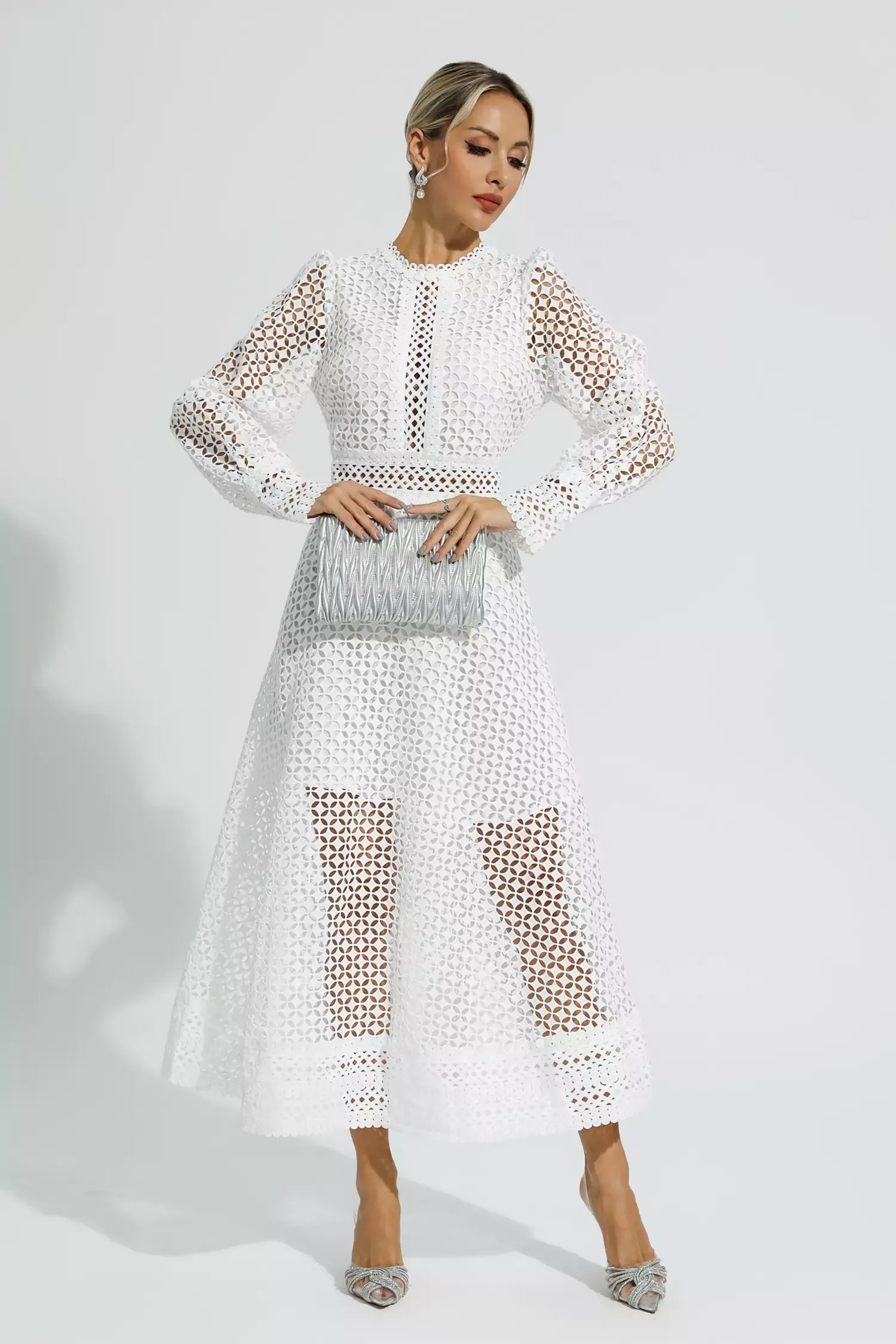 Conan White Hollow Long Sleeve Maxi Dress