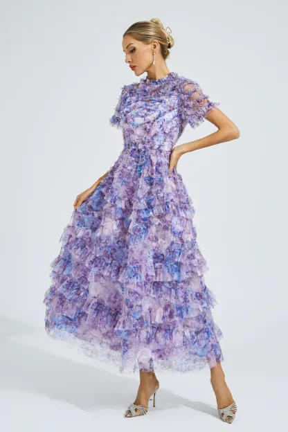 Malan Purple Floral Midi Dress