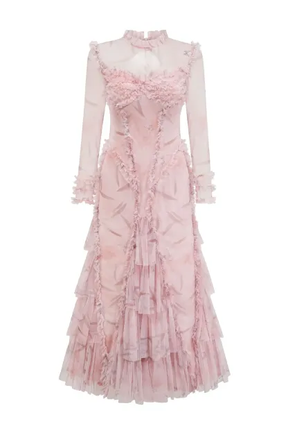 Deirdre Pink Mesh Ruched Maxi Dress