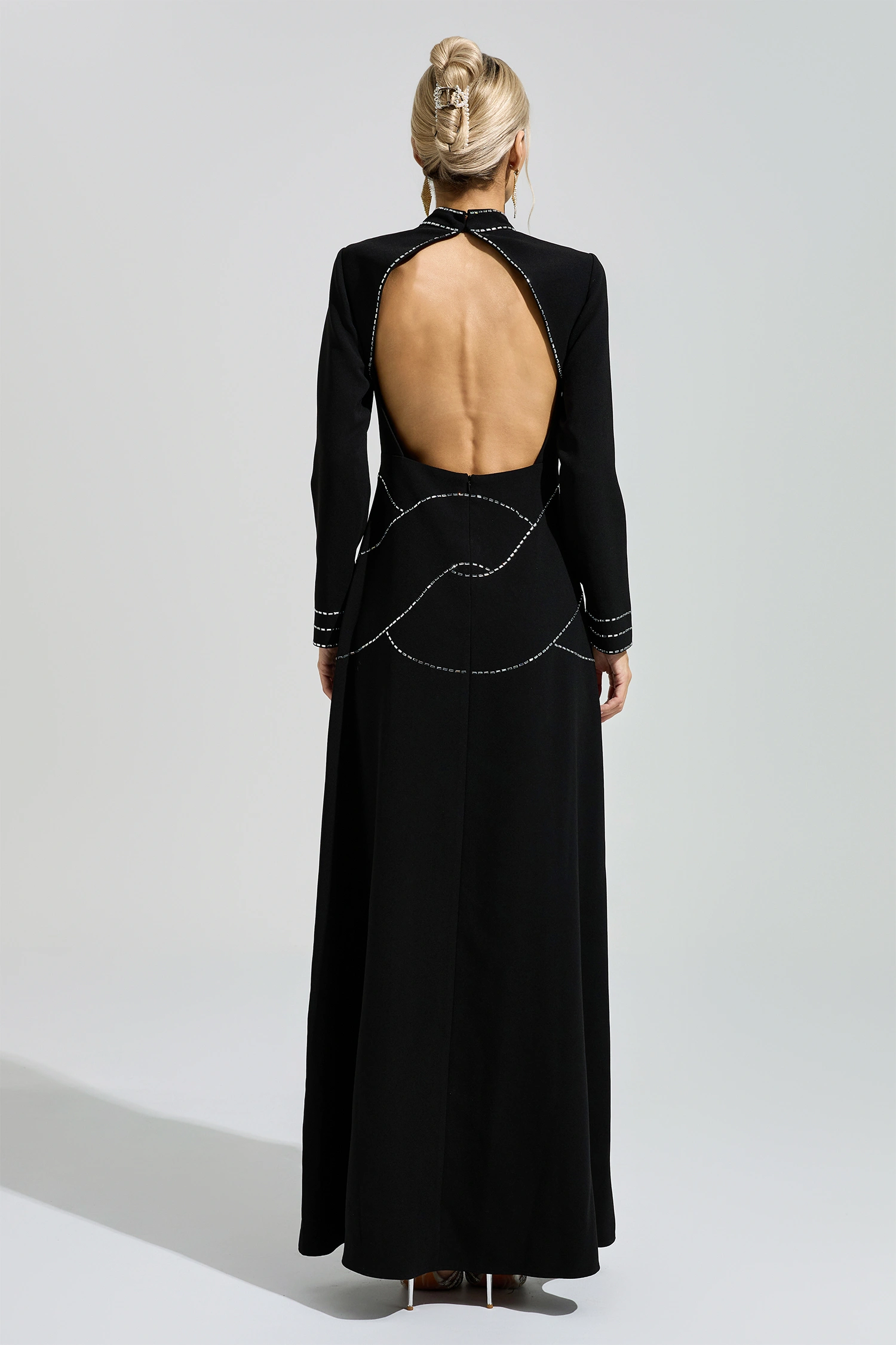 Hamsun Black Long Sleeve Halter Evening Dress