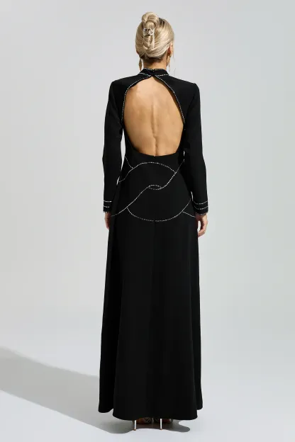 Hamsun Black Long Sleeve Halter Evening Dress