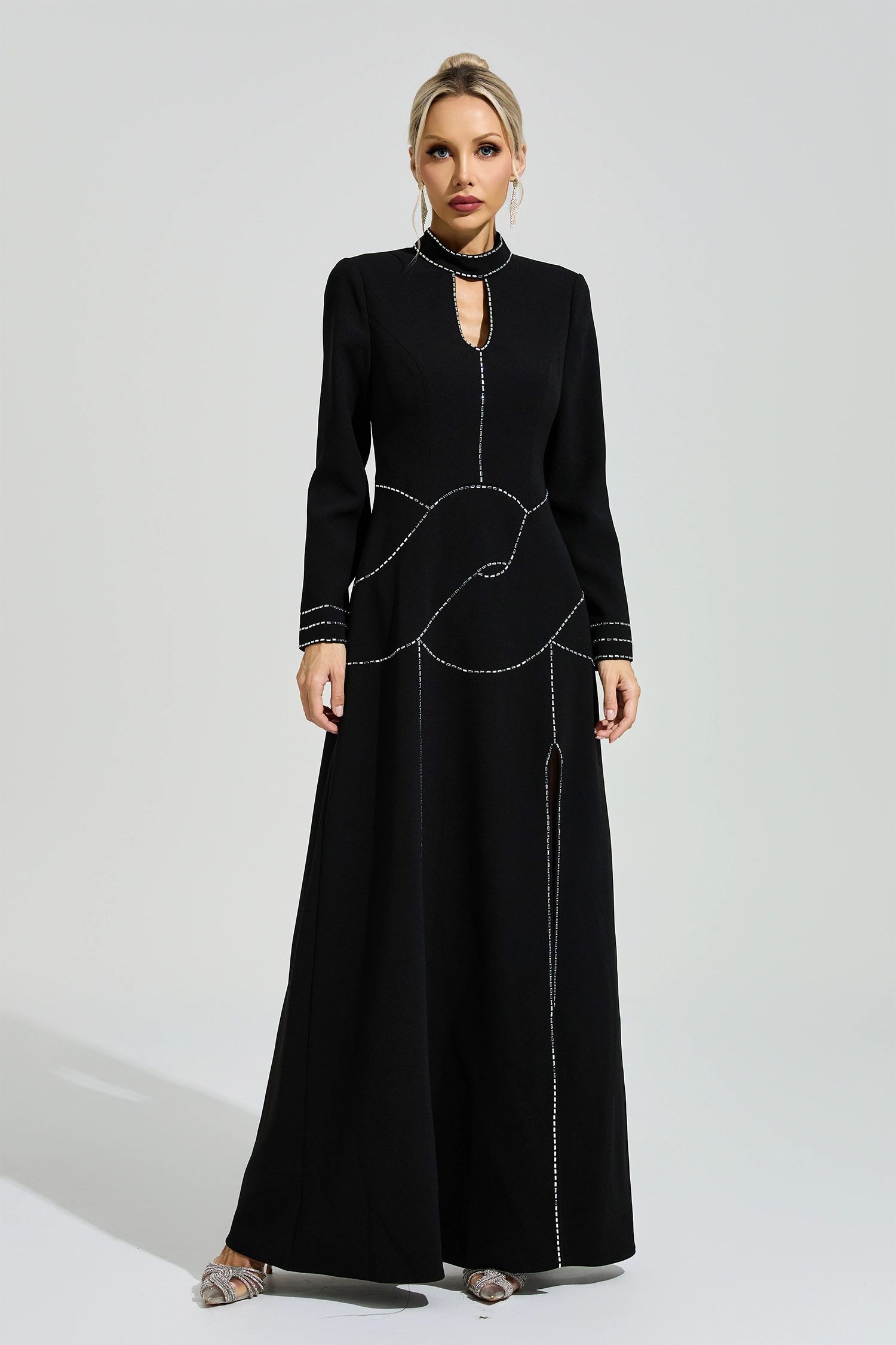 Hamsun Black Long Sleeve Halter Evening Dress