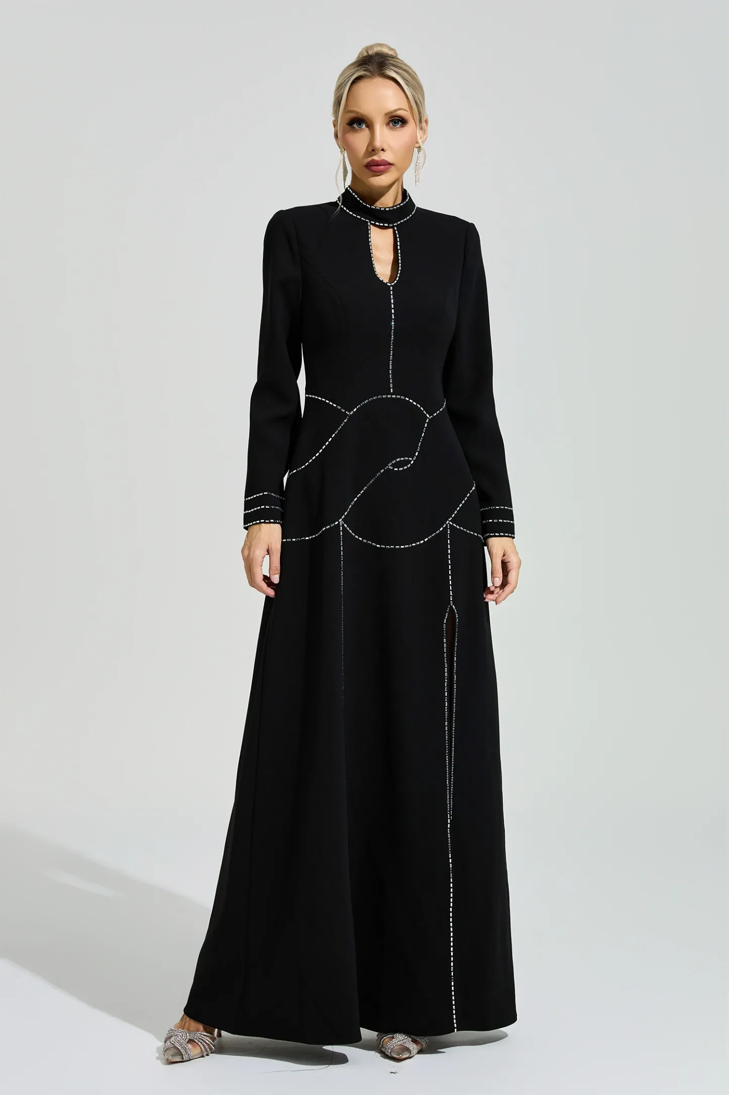 Hamsun Black Long Sleeve Halter Evening Dress