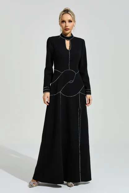 Hamsun Black Long Sleeve Halter Evening Dress