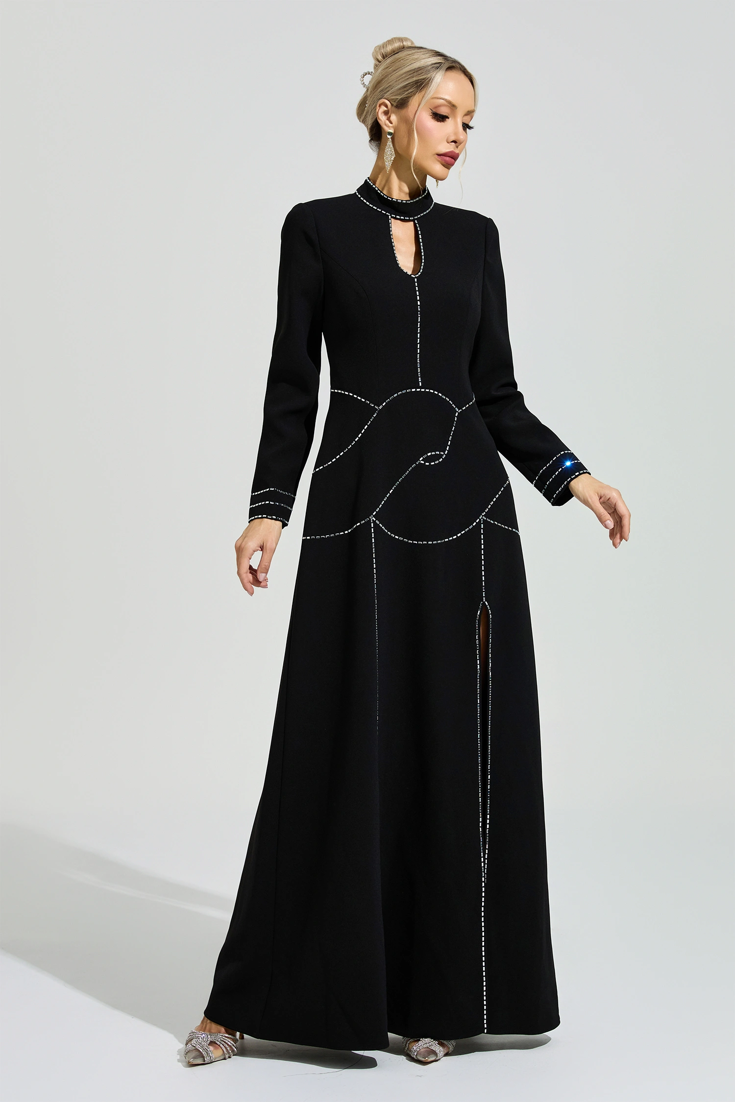 Hamsun Black Long Sleeve Halter Evening Dress