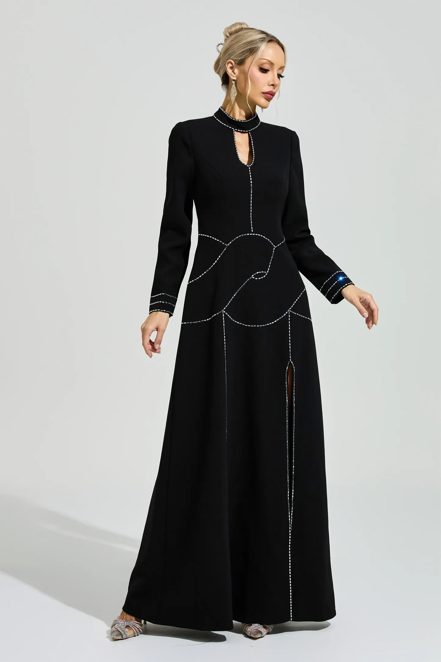 Hamsun Black Long Sleeve Halter Evening Dress