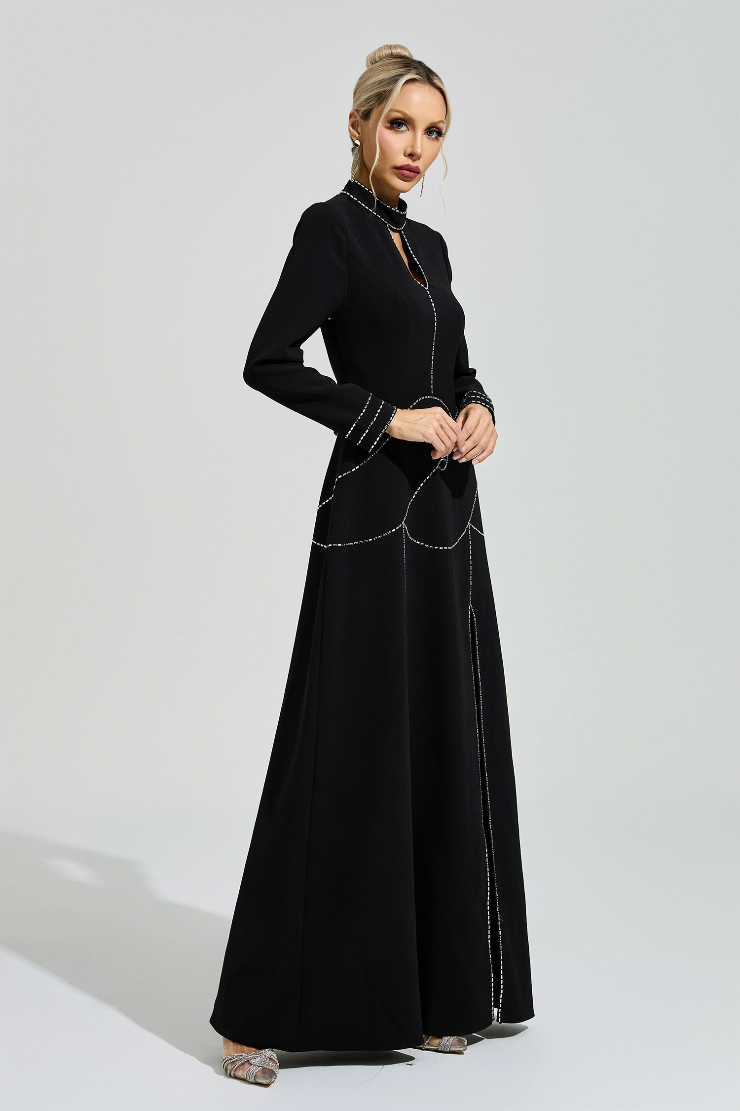 Hamsun Black Long Sleeve Halter Evening Dress