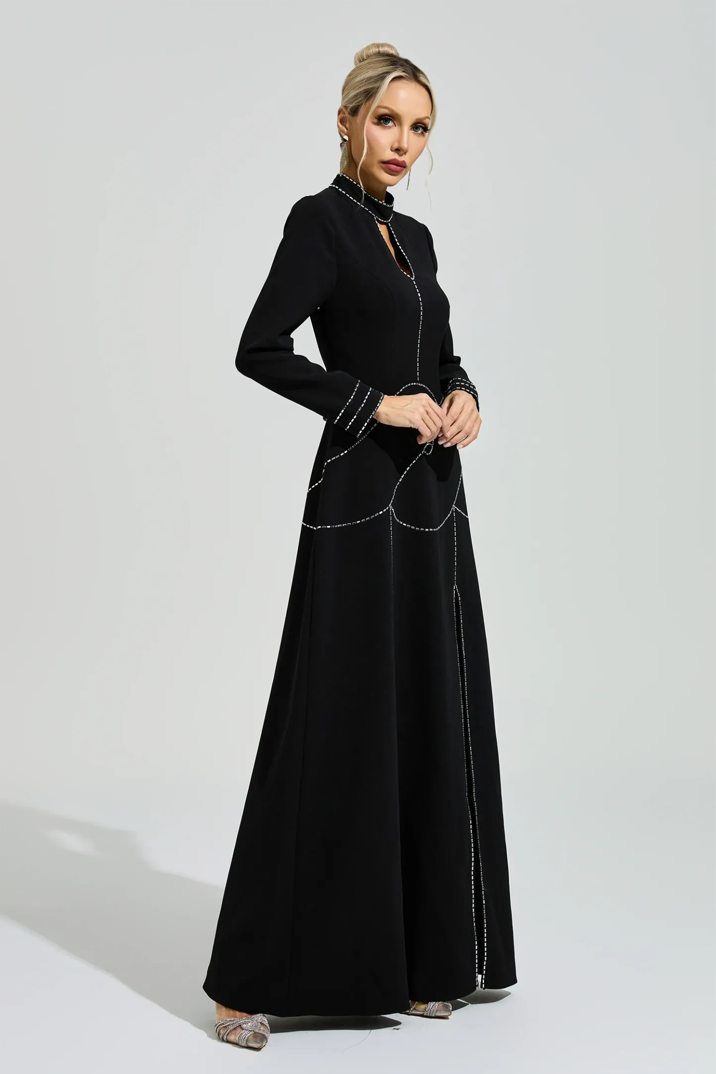 Hamsun Black Long Sleeve Halter Evening Dress