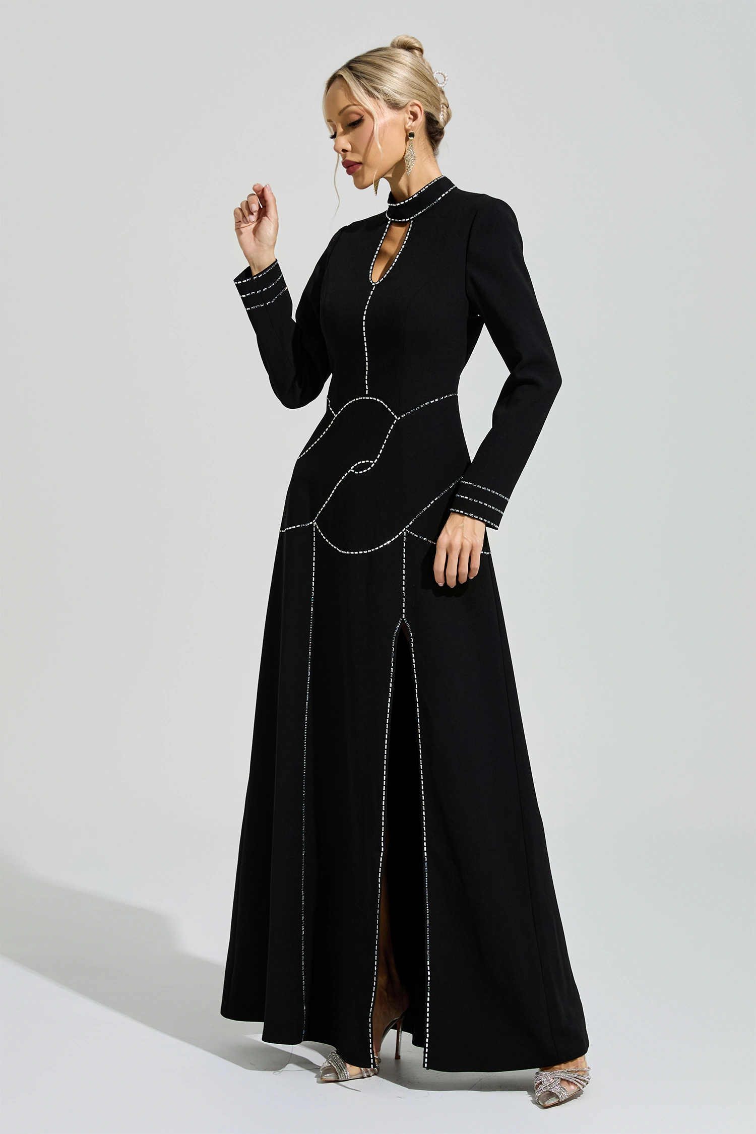 Hamsun Black Long Sleeve Halter Evening Dress