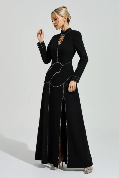 Hamsun Black Long Sleeve Halter Evening Dress