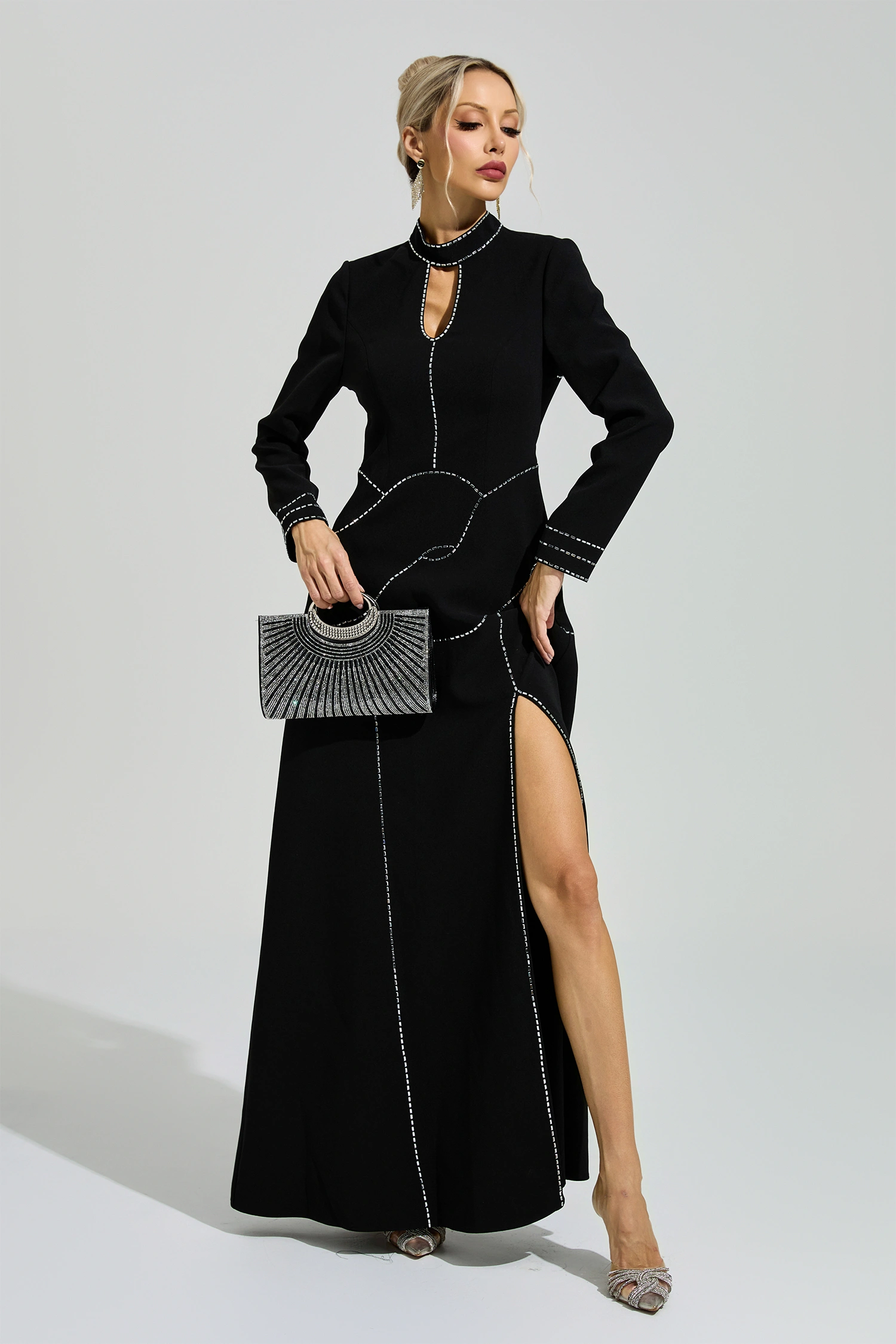 Hamsun Black Long Sleeve Halter Evening Dress