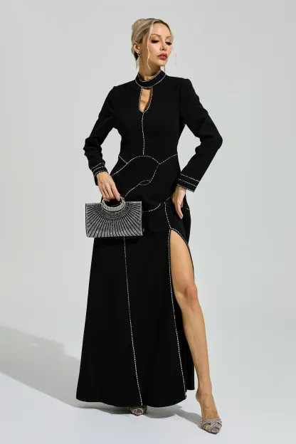 Hamsun Black Long Sleeve Halter Evening Dress