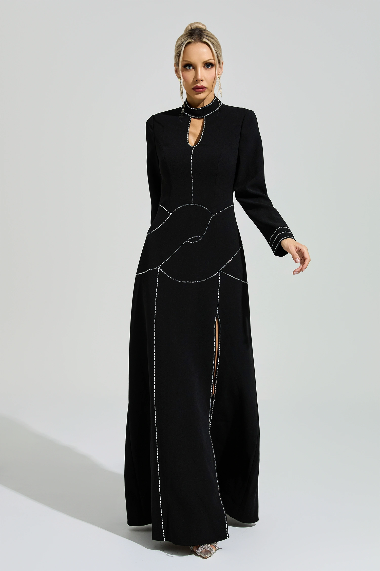 Hamsun Black Long Sleeve Halter Evening Dress