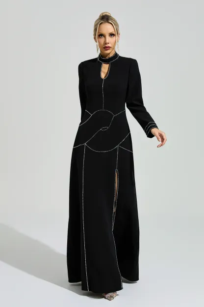 Hamsun Black Long Sleeve Halter Evening Dress