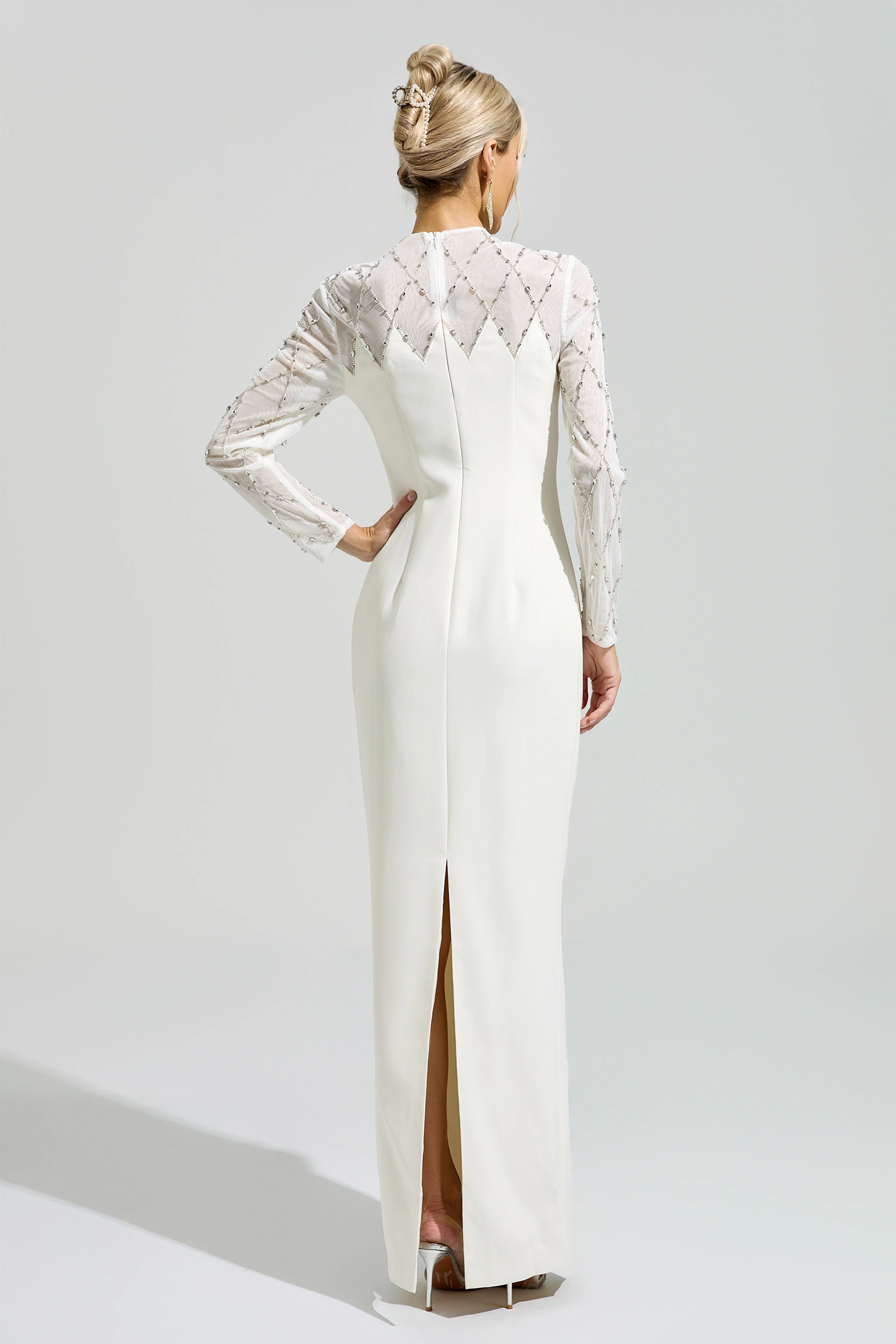 Goodall Apricot Rhinestone Mesh Evening Dress