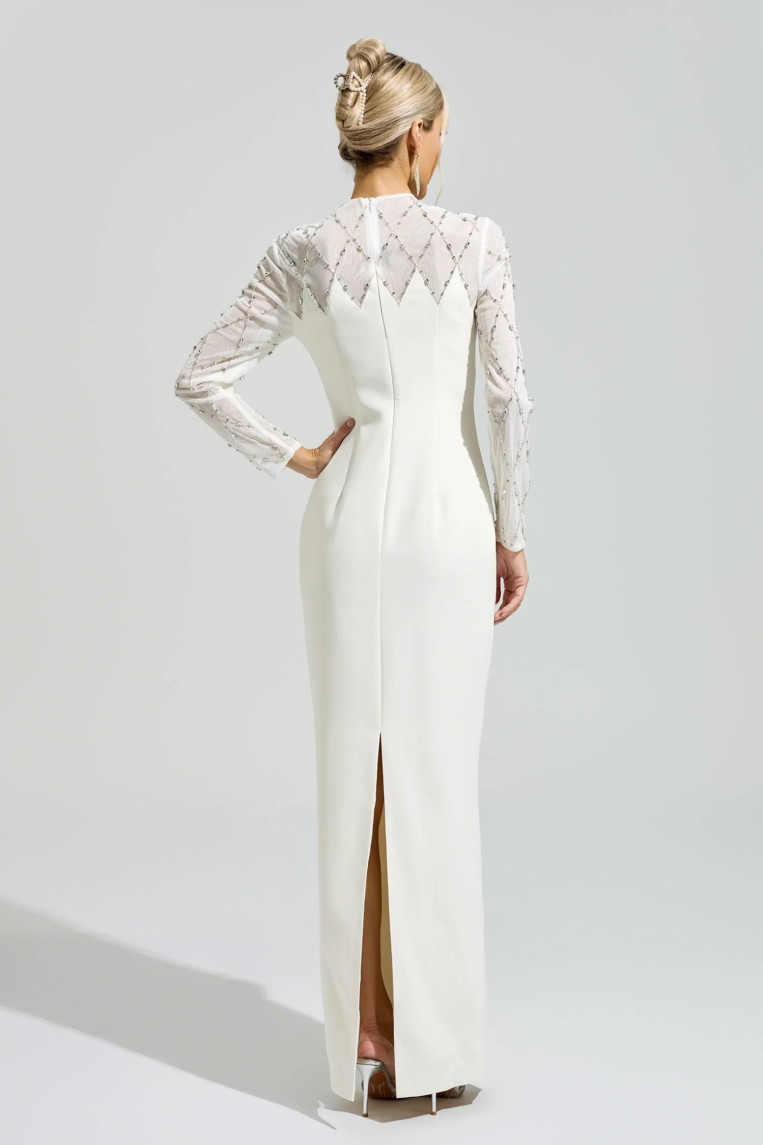 Goodall Apricot Rhinestone Mesh Evening Dress