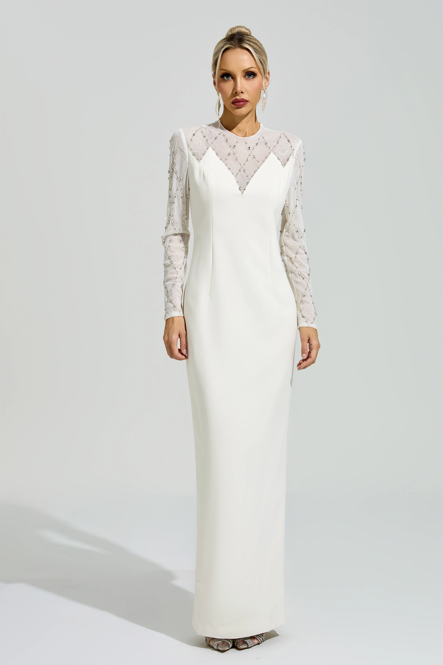 Goodall Apricot Rhinestone Mesh Evening Dress