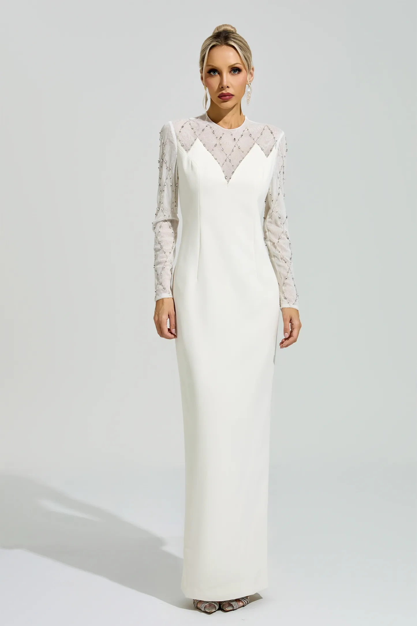 Goodall Apricot Rhinestone Mesh Evening Dress