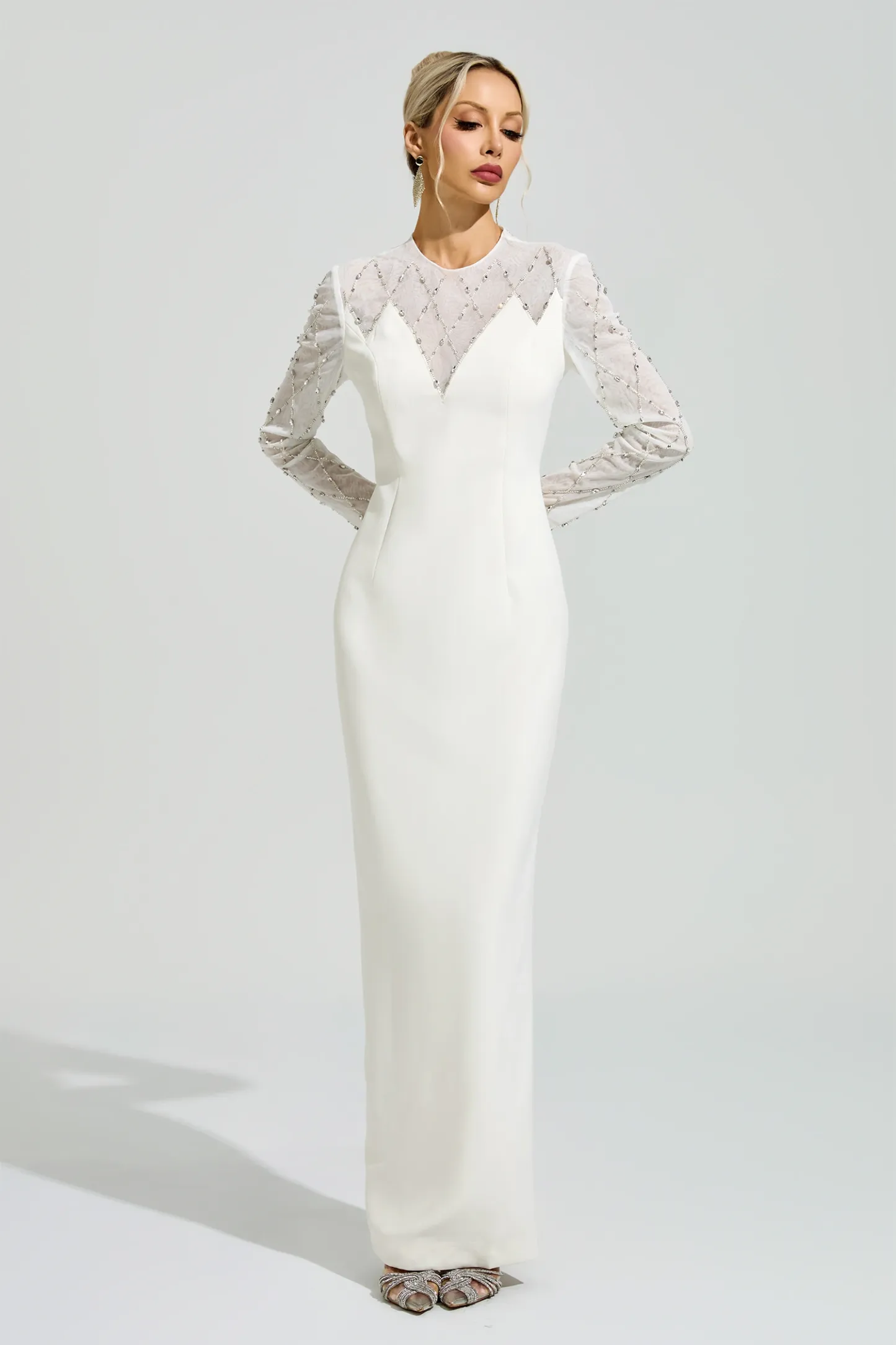 Goodall Apricot Rhinestone Mesh Evening Dress