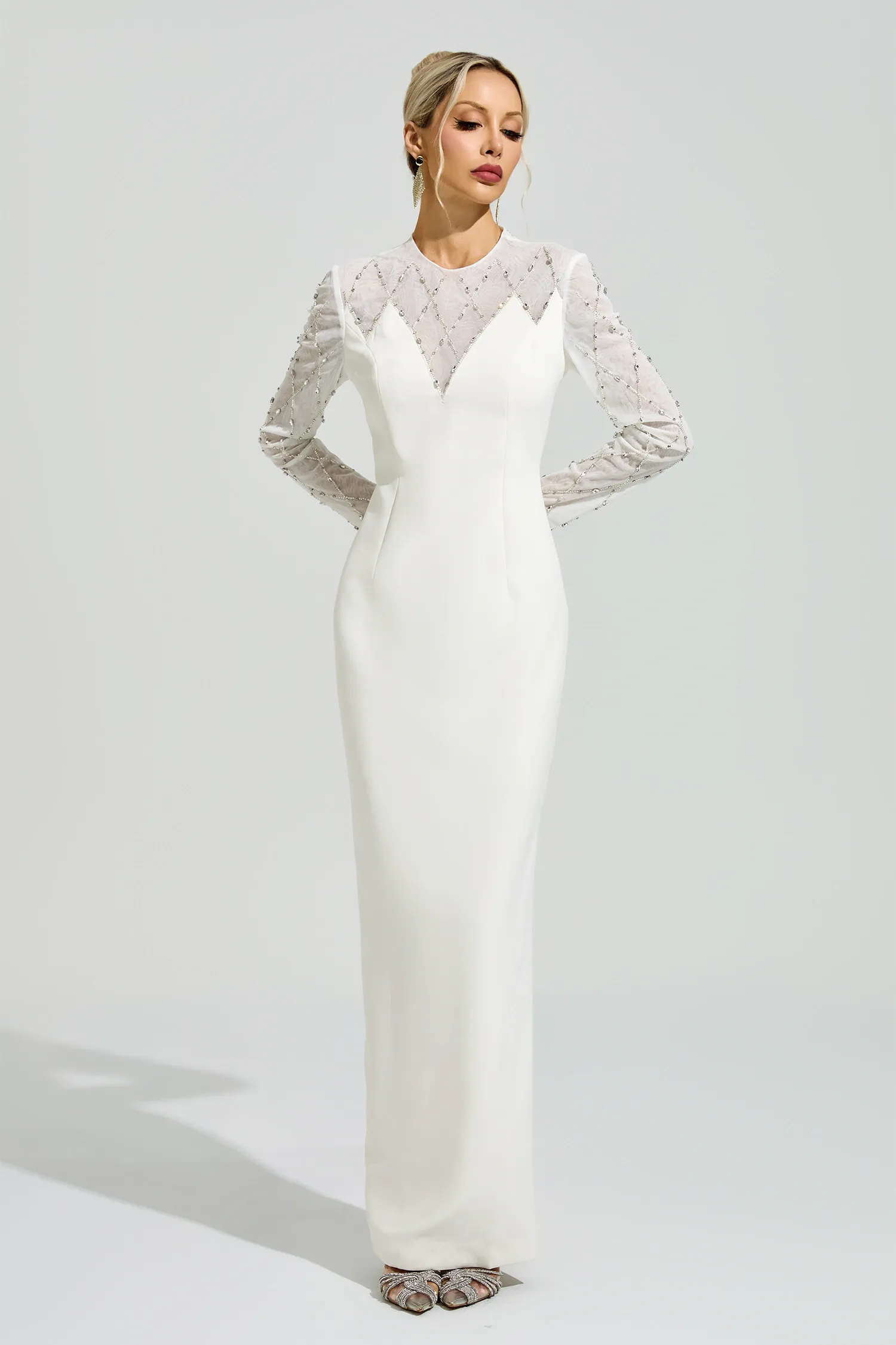 Goodall Apricot Rhinestone Mesh Evening Dress