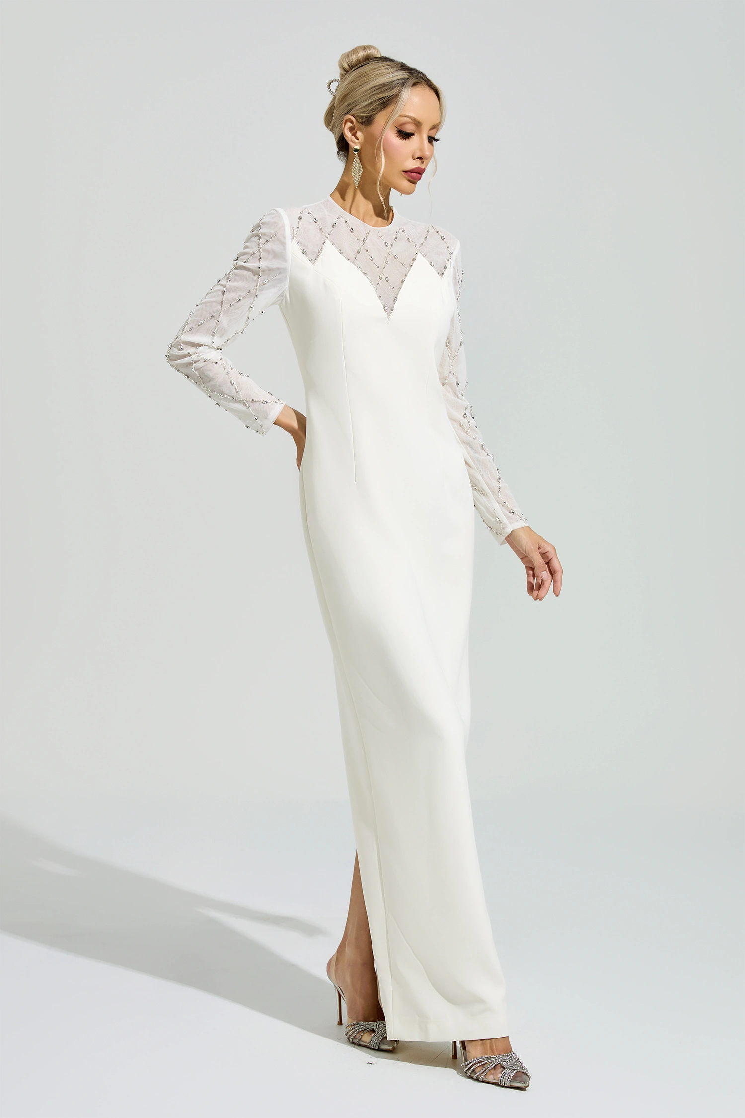 Goodall Apricot Rhinestone Mesh Evening Dress