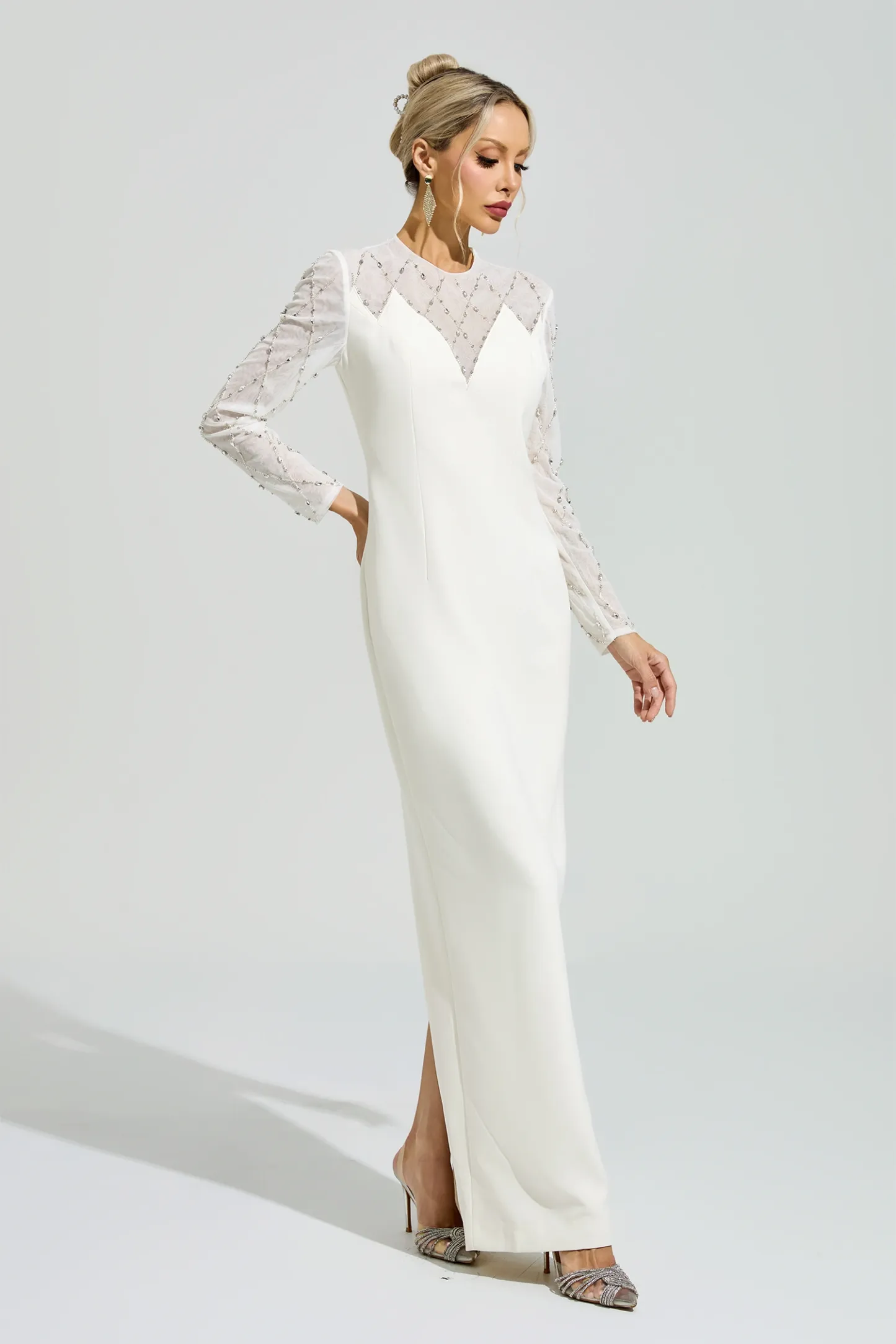 Goodall Apricot Rhinestone Mesh Evening Dress