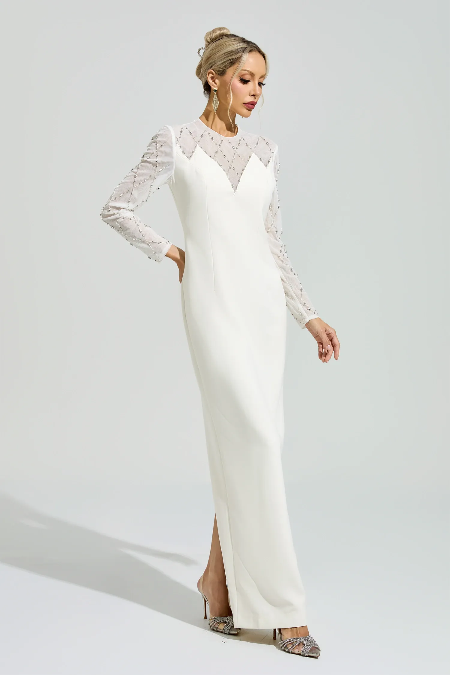 Goodall Apricot Rhinestone Mesh Evening Dress